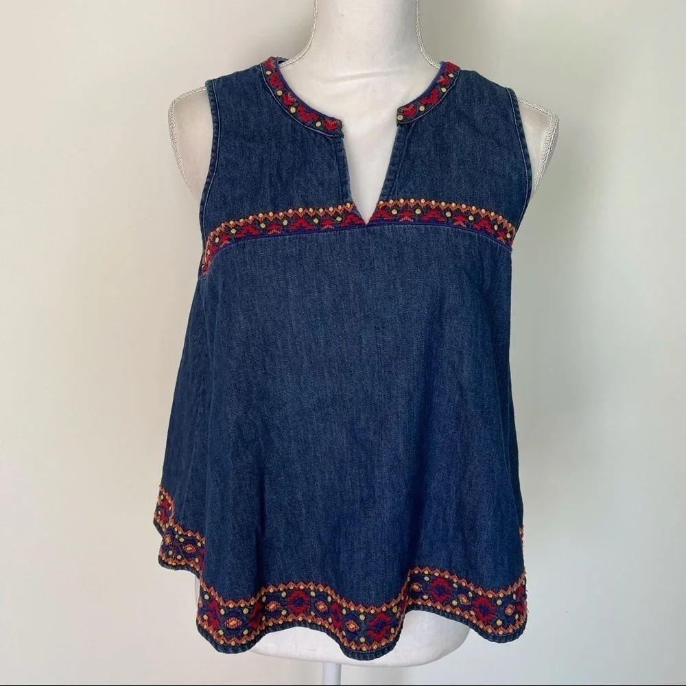 Gap Crop Top Size XS Womens Embroidered Denim Sleeveless Cotton V Neck Blue Red - Picture 5 of 11